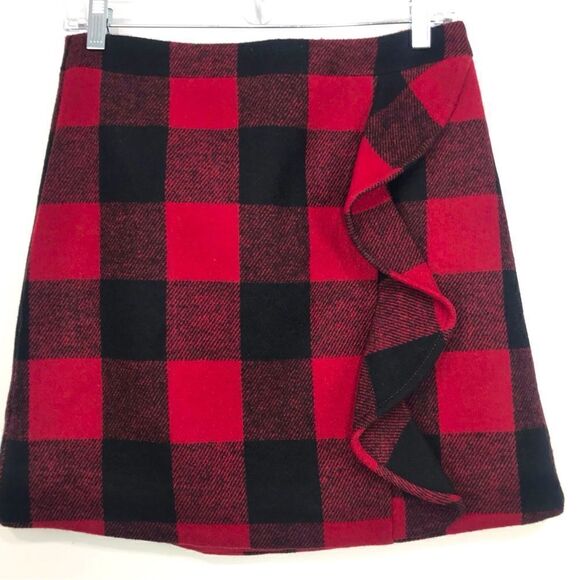 J. Crew Factory Red Black Buffalo Plaid Check Ruffle Side Mini Skirt - Picture 3 of 11